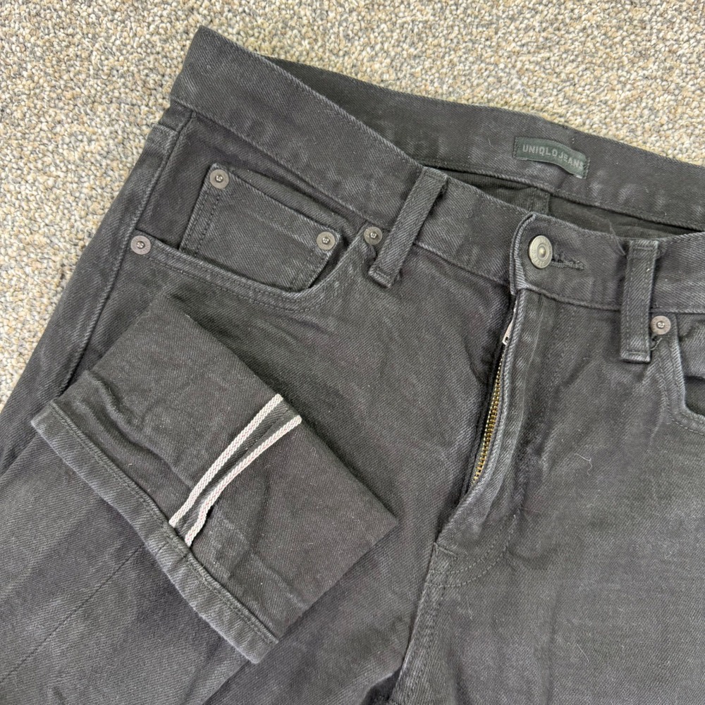 Uniqlo Selvedge Denim Jeans Mens 30 Black Slim Fit Straight Leg Stretch Red Line